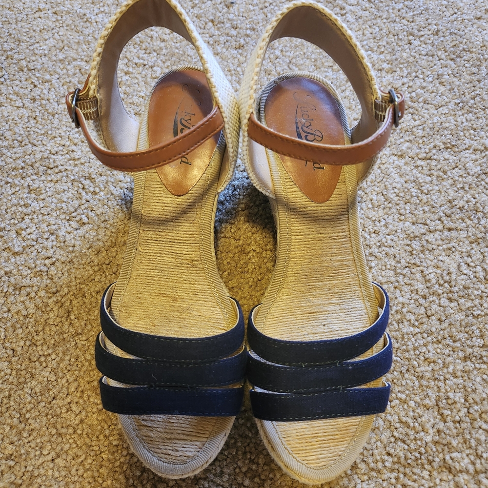 Lucky Brand Navy and Tan Wedge Sandals